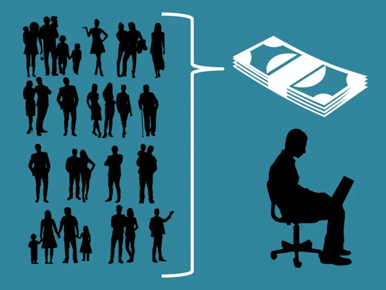 複数の人々、お金とPCを操作する人のイラスト