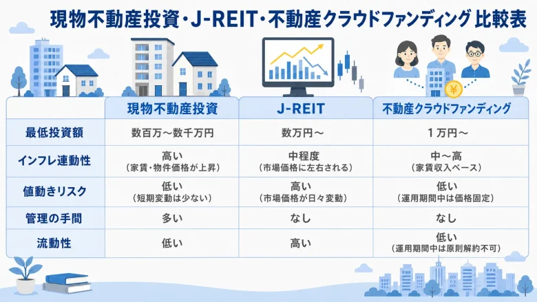 現物不動産投資・J-REIT・不動産クラウドファンディングの比較表