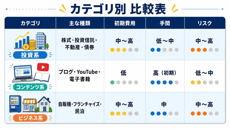 不労所得カテゴリー別比較表